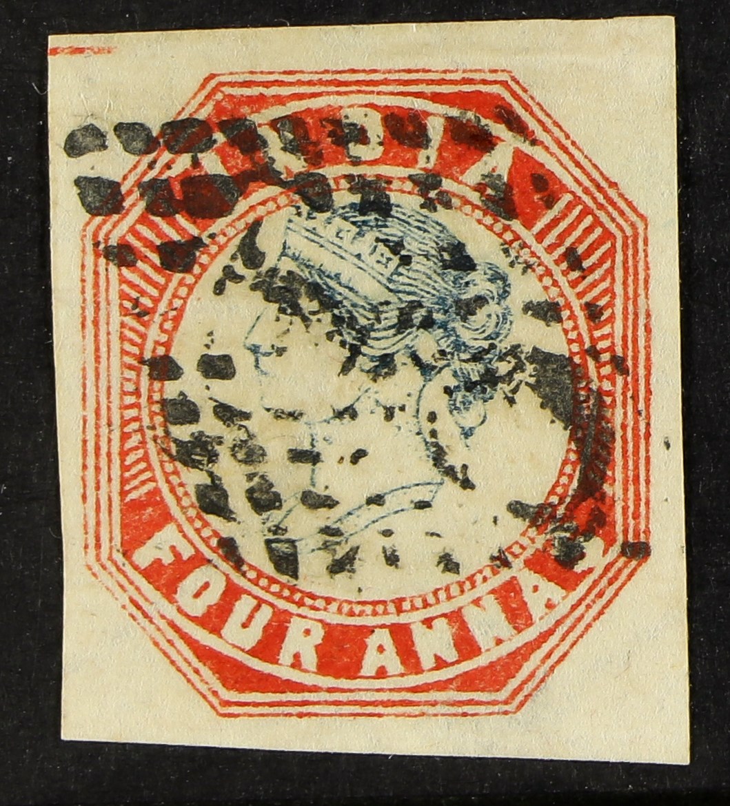 INDIA 1854-55 4a (pale) blue and red 4th printing (from position 16), SG 23, used with 4 large
