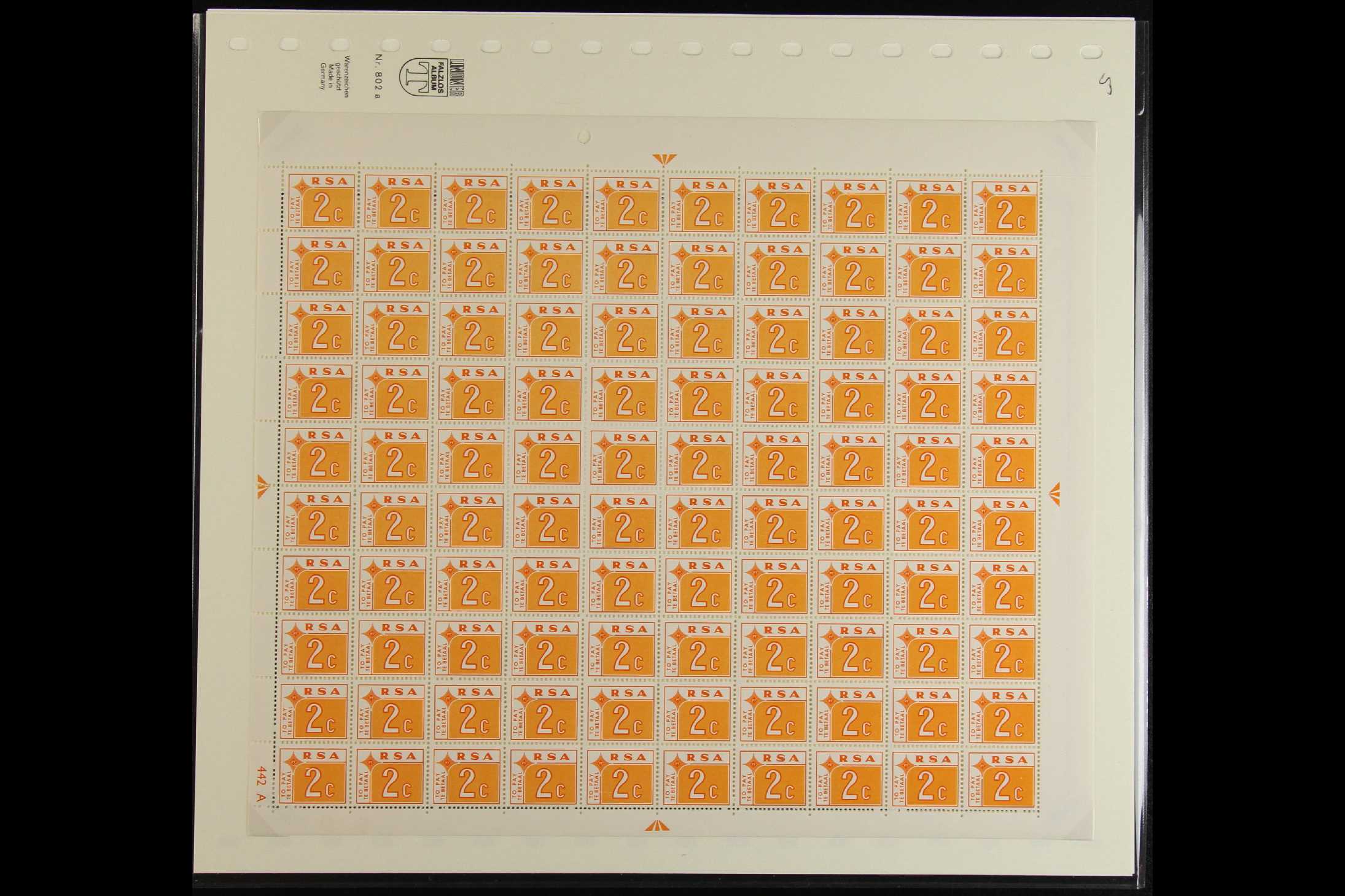 SOUTH AFRICA POSTAGE DUES 1972 complete set, SG D75/80, complete sheet 100 never hinged mint, - Image 2 of 7