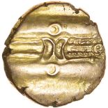 Dubnovellaunos Annulate Head. Sills class 1. c.5BC-AD10. Celtic gold stater. 17mm. 5.53g.