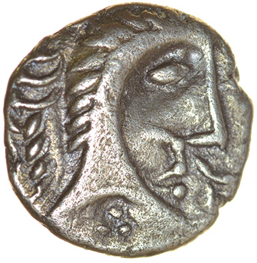 Norfolk God. Moustache Type. Talbot dies XB/84. c.AD 25-43. Celtic silver unit. 12mm. 1.10g.