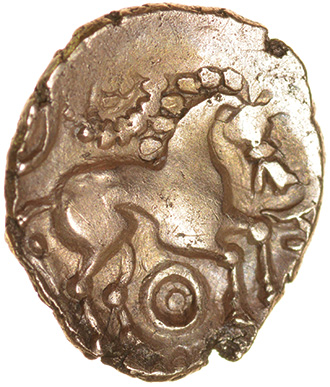 Gisleham Glory. Talbot dies A/3.c.40-20 BC. Celtic gold quarter stater. 10-13mm. 0.94 - Image 2 of 2