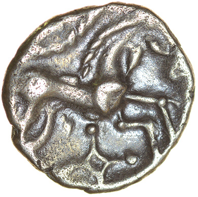 Norfolk God. Moustache Type. Talbot dies XB/84. c.AD 25-43. Celtic silver unit. 12mm. 1.10g. - Image 2 of 2