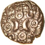Tasciovanos Warrior. Carnyx, Low Tail Type. c.25BC-AD10. Celtic gold stater. 15mm. 5.41g.