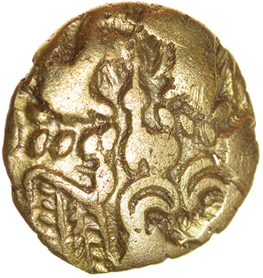 Selsey Dahlia Wheel. Three Prongs Type. c.55-45 BC. Celtic gold quarter stater. 13mm. 1.28g.