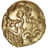 Selsey Dahlia Wheel. Three Prongs Type. c.55-45 BC. Celtic gold quarter stater. 13mm. 1.28g.