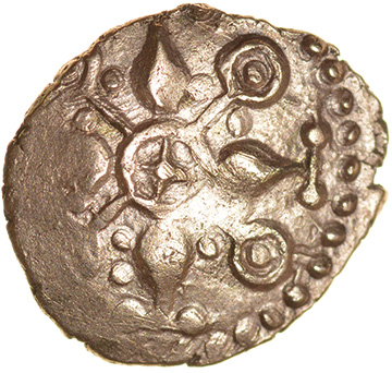 Gisleham Glory. Talbot dies A/3.c.40-20 BC. Celtic gold quarter stater. 10-13mm. 0.94