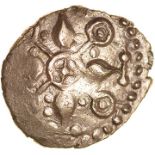 Gisleham Glory. Talbot dies A/3.c.40-20 BC. Celtic gold quarter stater. 10-13mm. 0.94