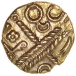 Raunds Wing. c.55-45 BC. Celtic gold quarter stater. 12mm. 1.22g.