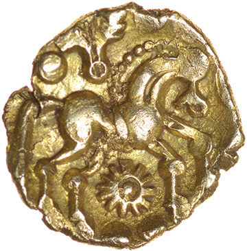 Harlow Flyer. Sills British Ld2 Local issues. c.55-45 BC. Celtic gold quarter stater. 12mm. 1.11g. - Image 2 of 2