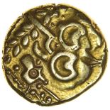 Norfolk Wolf Right. Hooked Fibula Type. c.55-50 BC. Celtic gold stater. 17mm. 6.12g.