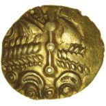 Rowntree Fern Leaf. c.55-45 BC. Celtic gold quarter stater. 11-13mm. 1.29g.