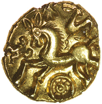 Selsey Diadem. Sills dies 2/3. c.55-50 BC. Celtic gold quarter stater. 10-12mm. 1.31g. - Image 2 of 2