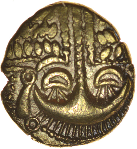 Cheriton Smiler. Eyelash Type. c.55-45 BC. Celtic gold stater. 16-18mm. 5.17g.