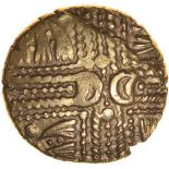 Wonersh. Hairlocks Type. Sills British Ma, dies 6/4.c.50-40 BC. Celtic gold stater. 17mm. 5.30g.