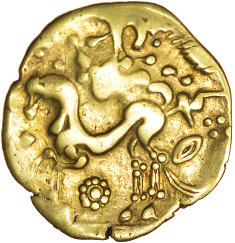 Broad Flan Left. Big Nose Type. Bellovaci. c.175-120 BC. Celtic gold stater. 25mm. 7.47g - Image 2 of 2