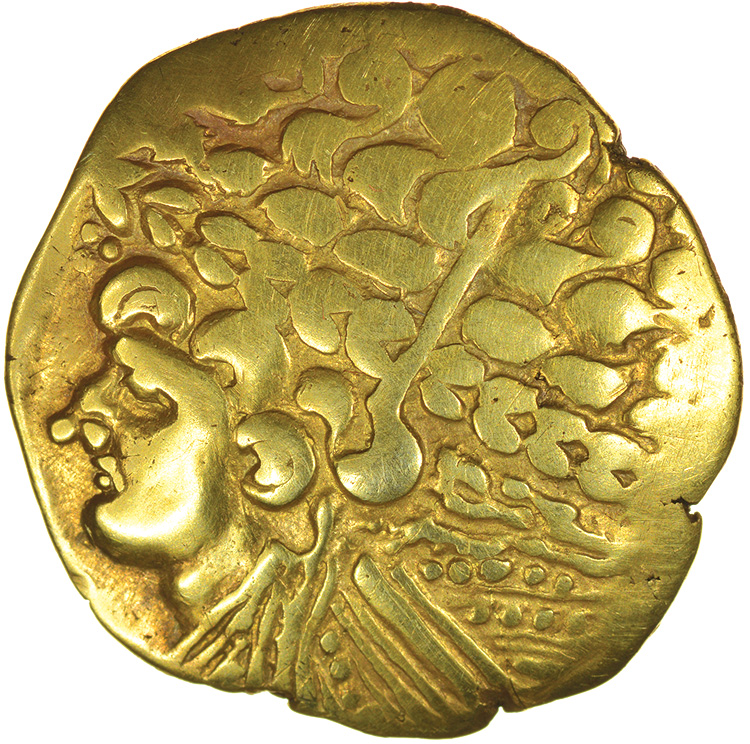 Broad Flan Left. Big Nose Type. Bellovaci. c.175-120 BC. Celtic gold stater. 25mm. 7.47g