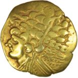 Broad Flan Left. Big Nose Type. Bellovaci. c.175-120 BC. Celtic gold stater. 25mm. 7.47g