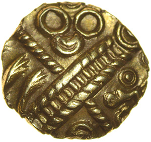 Raunds Wing. Leaves Up Ladder. Sills dies 2/5. c.55-45 BC. Celtic gold quarter stater. 11mm. 1.20g.