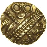 Raunds Wing. Leaves Up Ladder. Sills dies 2/5. c.55-45 BC. Celtic gold quarter stater. 11mm. 1.20g.