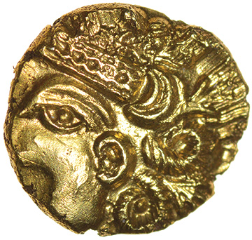 Selsey Diadem. Sills dies 2/3. c.55-50 BC. Celtic gold quarter stater. 10-12mm. 1.31g.