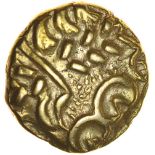 North East Coast. Right Type with Sun, Spiral & Star. c.60-50 BC. Celtic gold stater. 16mm. 5.93g.