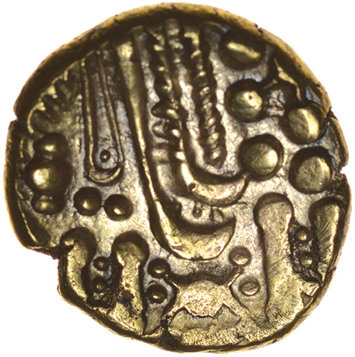 Cheriton Smiler. Eyelash Type. c.55-45 BC. Celtic gold stater. 16-18mm. 5.17g. - Image 2 of 2