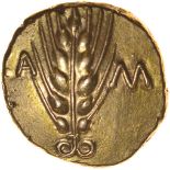 Cunobelinus Classic B, Left Type. c.AD42-43. Celtic gold stater.17mm. 5.48g.