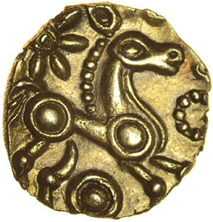 Raunds Wing. Leaves Up Ladder. Sills dies 2/5. c.55-45 BC. Celtic gold quarter stater. 11mm. 1.20g. - Image 2 of 2