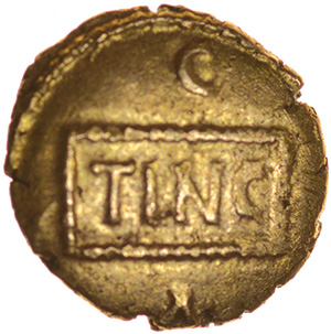 Tincomarus Medusa. Sills class 4, dies 12/12. c.25BC-AD10. Celtic gold quarter stater. 10mm. 1.20g.