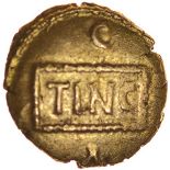 Tincomarus Medusa. Sills class 4, dies 12/12. c.25BC-AD10. Celtic gold quarter stater. 10mm. 1.20g.