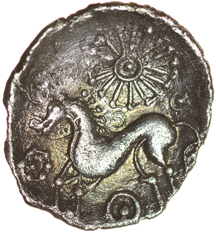 Ape Face. Dandelion. Talbot Bury D, dies B/4. c.50-15 BC. Celtic silver unit. 15mm. 1.23g. - Image 2 of 2