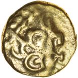 Norfolk Wolf. Right Type. Talbot dies M/18.c.55-45 BC. Celtic gold stater. 17mm. 6.10g.