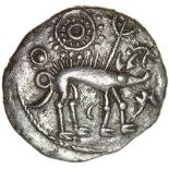 Sun and Moon Below Horse. Rich Type 6b.c.55-45 BC. Celtic silver unit. 15mm. 1.45g.