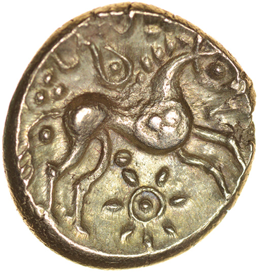 Freckenham Crescents. Phallic Type. c.30-10 BC. Celtic gold stater. 16-18mm. 5.38g. - Image 2 of 2