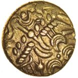 Commios Muzzles. Sills class 1b, dies 3/4. c.50-25 BC. Celtic gold stater. 17mm. 5.44g.