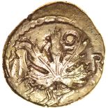 Verica Vine Leaf. Leaping Horse.Sills class 5c, dies 18cl/33.c.AD10-40. Gold stater. 15-17mm. 5.36g.