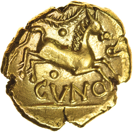 Cunobelinus B-Type. Sills class 6, Plastic. c.AD 8-41. Celtic gold stater. 17-19mm. 5.37g. - Image 2 of 2
