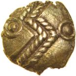 Finney’s Thunderbolt. c.55-45 BC. Celtic gold quarter stater. 12mm. 1.19g.