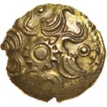 Danebury Scrolls Left. Sills dies 2/3.c.60-50 BC. Celtic gold quarter stater. 13mm. 1.19g.