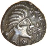 Crested Head.c.55-40 BC. Celtic silver unit. 12mm. 1.08g.