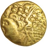 Broad Flan Left. Three Lines Type. Bellovaci. c.115-100 BC. Celtic gold quarter stater. 14mm. 1.59g.