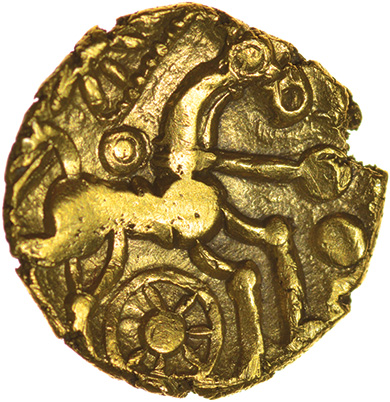 Two Wheels Right. Regini. c.50-30 BC. Celtic gold quarter stater. 12mm. 1.34g. - Image 2 of 2