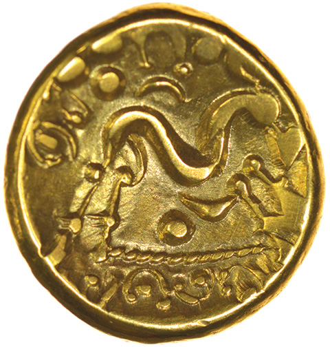 Gallic War Uniface. Corded Line/Pellet Arcs. Ambiani. c.56-55 BC. Celtic gold stater. 16mm. 6.10g. - Image 2 of 2