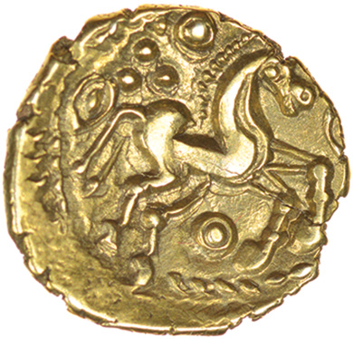 Heybridge Triangle. c.50-40 BC. Trinovantes. Celtic gold quarter stater. 12mm. 1.26g. - Image 2 of 2