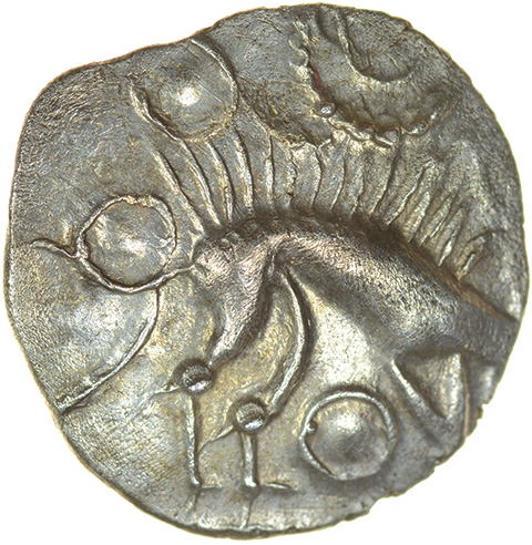 W-Forelegs Proto Boar with Grass. c.55-45 BC. Corieltauvi. Celtic silver unit. 15mm. 1.41g. - Image 2 of 2