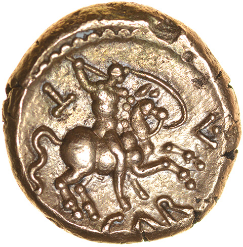 Caratacus Warrior. c.AD40-43. Atrebates. Celtic gold stater. 16mm. 5.35g.