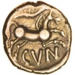 Cunobelinus Linear. Sills class 2. c.AD8-41. Cat & Trin. Celtic gold quarter stater. 11mm. 1.22g.