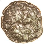 Danebury Scrolls Right Overstrike. c.55-45 BC. Belgae. Celtic gold quarter stater. 12mm. 0.92g.