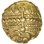 Heybridge Triangle. c.50-40 BC. Trinovantes. Celtic gold quarter stater. 12mm. 1.26g.
