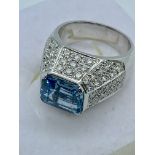 FINE EMERALD CUT AQUAMARINE & DIAMOND ENCRUSTED RING